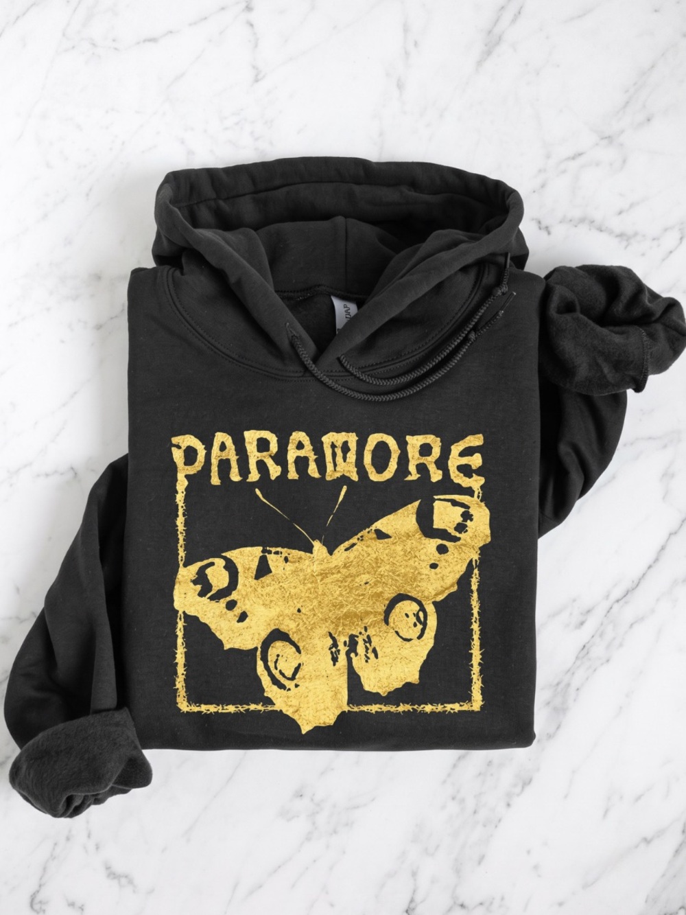 Gildan Black Hoodie with Gold Moth Paramore Graphic